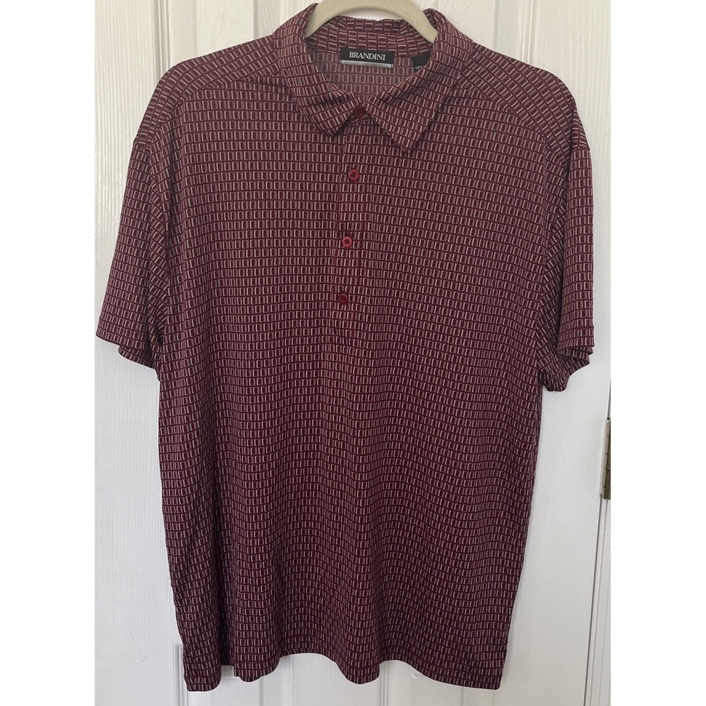 Vintage 90s Brandini Nylon Polo Shirt Mens Large Burgundy Geometric Preppy
